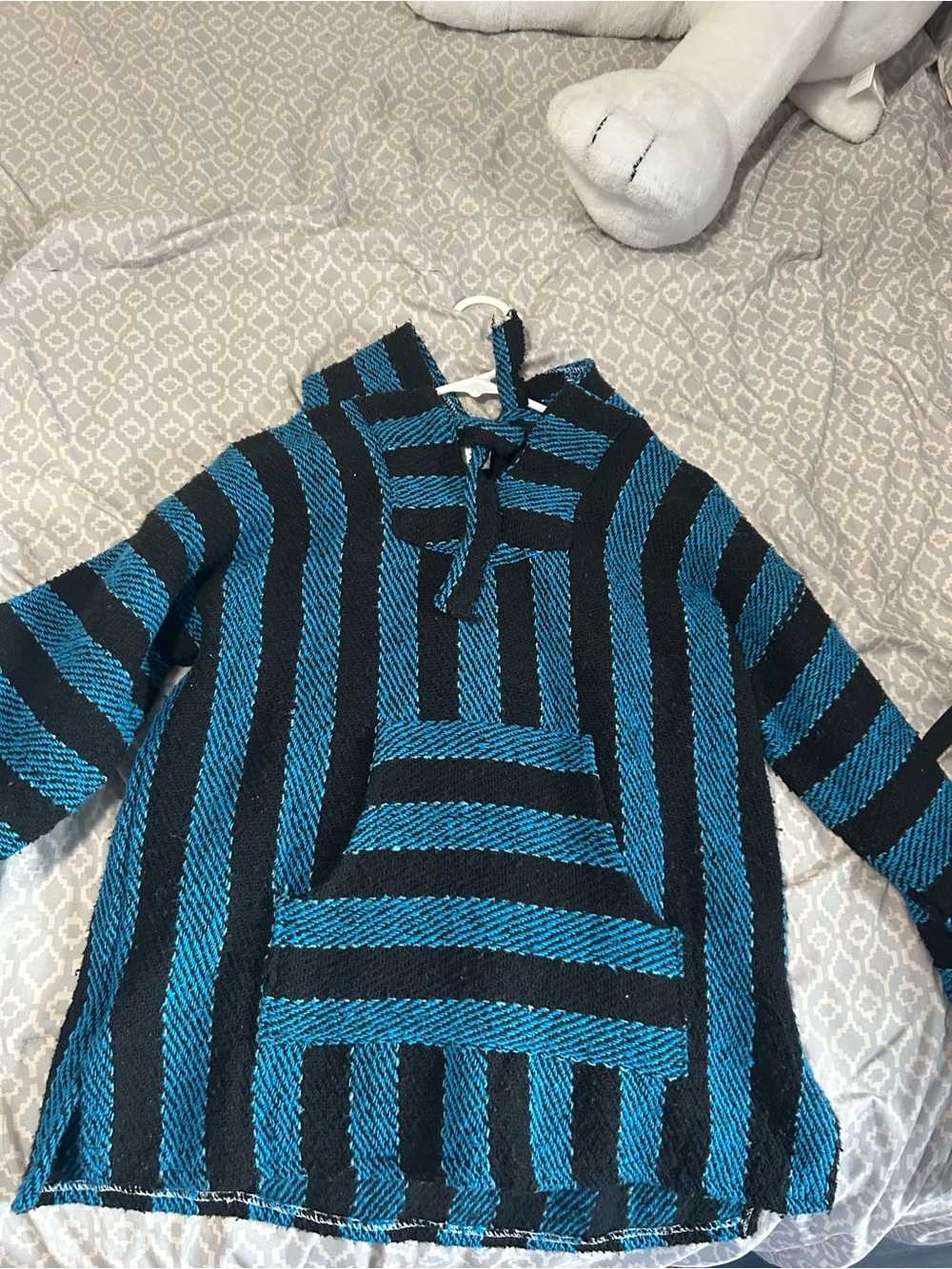 Men's Blue and Black Striped Crewneck Baja Sweater
